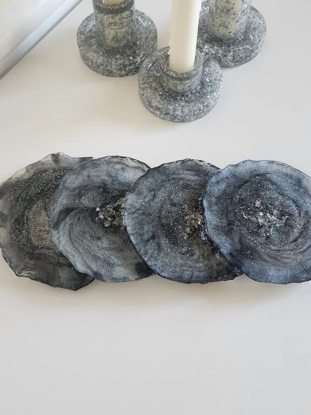 Handcrafted Gray Agate Coasters and Candle Holders with Silver Glitter Accent